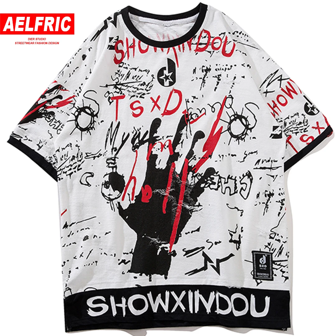 

AELFRIC Color Block Graffiti Palm Printed HarajukuT Shirt Men 2019 Summer Fashion Hip Hop Cotton T Shirt Short Sleeve Streetwear