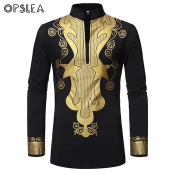 

Opslea Dashiki African Men Stand Collar Long Sleeve Shirt Hot Stamping Print Clothes Bazin Riche Tops Casual Tribal Ethnic Shirt