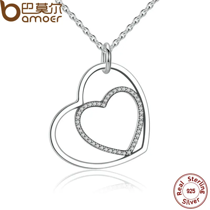 BAMOER Classic 925 Sterling Silver Heart To Heart Pendant Necklace Clear CZ Pendant Necklace for Women
