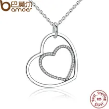 BAMOER Clásica Plata de Ley 925 Del Corazón A Corazón Colgante, Collar, Clear CZ Colgante Collar para Las Mujeres Joyería Fina PSN003