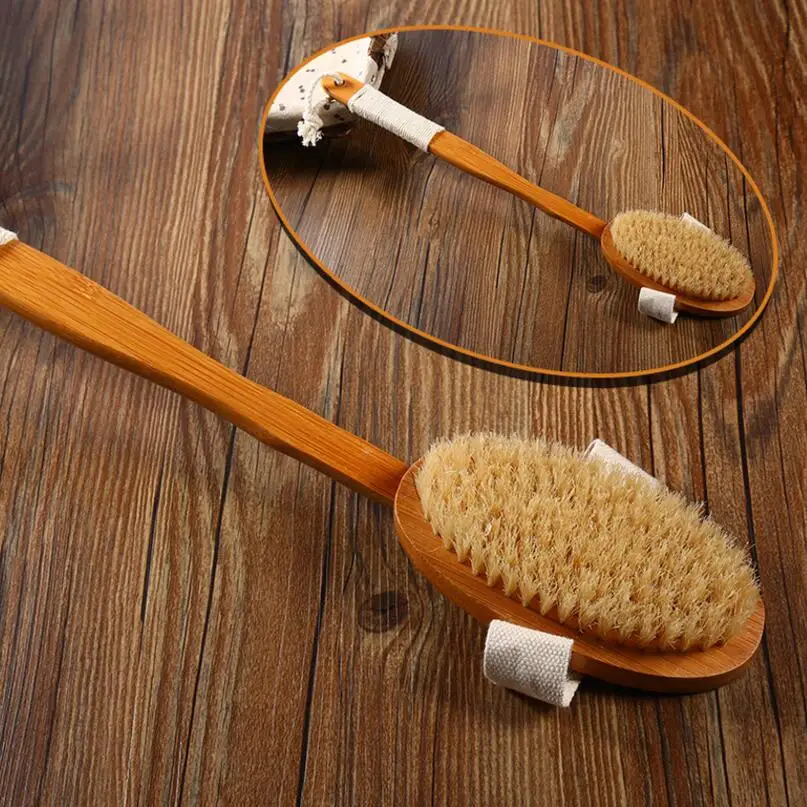 Natural Bristle Bath Brush Long Handle Wooden Bristles Soft Hair Rub