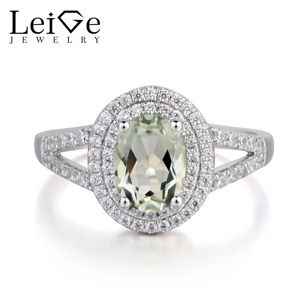 Leige Jewelry Engagement Ring Green Amethyst Ring Oval Cut Gemstone Solid 925 Sterling Silver 