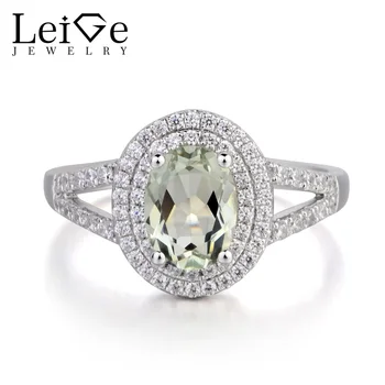 

Leige Jewelry Engagement Ring Green Amethyst Ring Oval Cut Gemstone Solid 925 Sterling Silver February Birthstone Halo Ring Gift