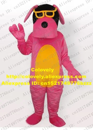 Pink Dog Adult Mascot Costume Mascotte With Yellow Glasses Black Nose Cartoon Character Party Outfit Suit No.82 Free Shipping |