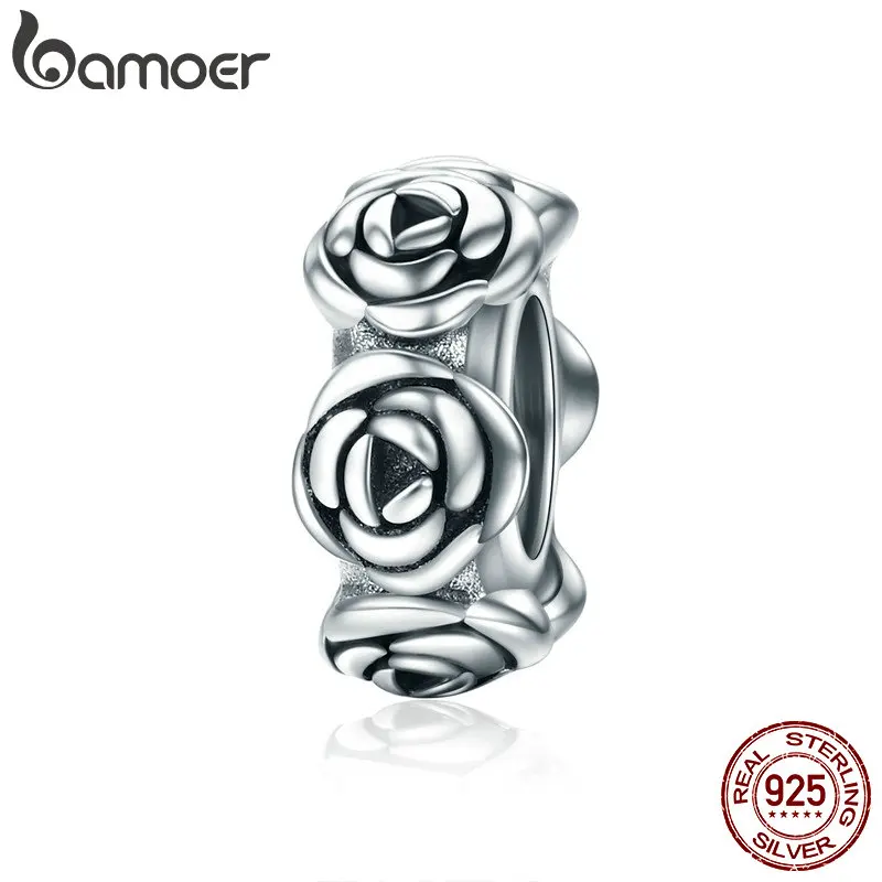 BAMOER, настоящее 925 пробы, серебряные, романтические, штабелируемые, розы, бусины, подходят для женщин, браслет, ожерелье, хорошее ювелирное изделие, S925 SCC596