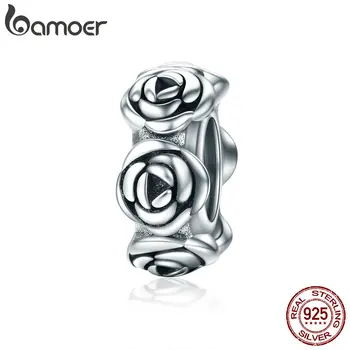 

BAMOER Real 925 Sterling Silver Romantic Stackable Rose Flower Beads fit Women Charm Bracelet Necklace Fine Jewelry S925 SCC596