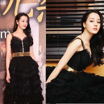 

Strap Beaded dress Netting Cake Lace Dress Big Star with the same mesh dress Long party dress black 2019 new hot sale Women dres