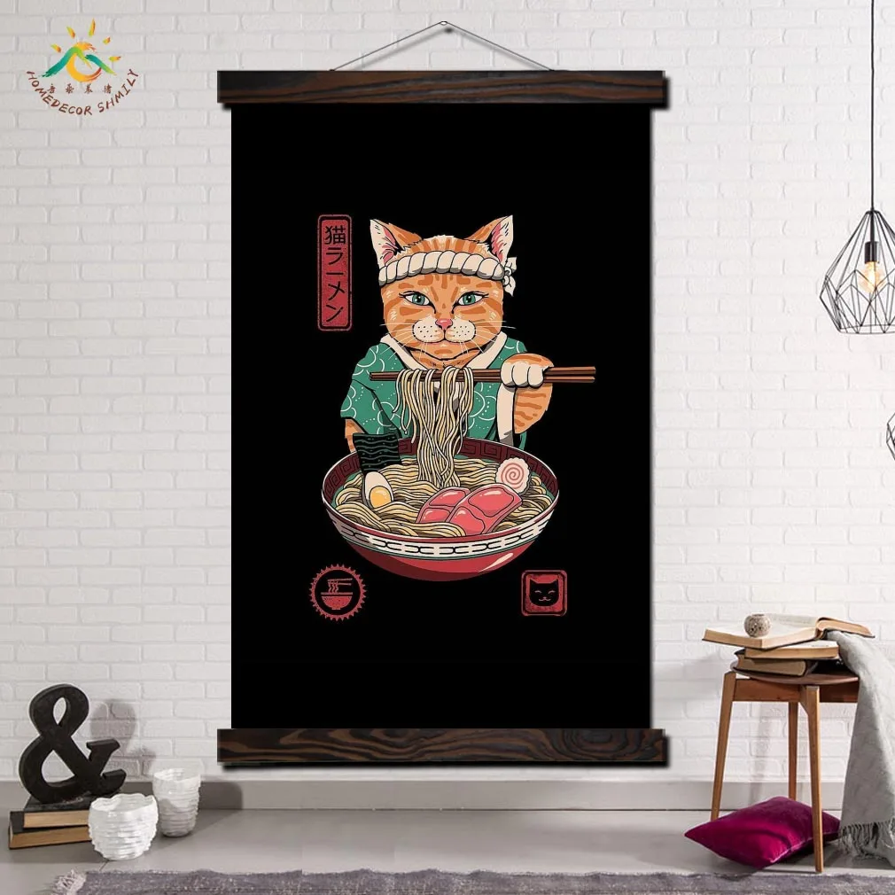 

Cat Ramen Wave Vintage Posters and Prints Scroll Painting Canvas Art Wall Pictures Frame Painting Home Decoration