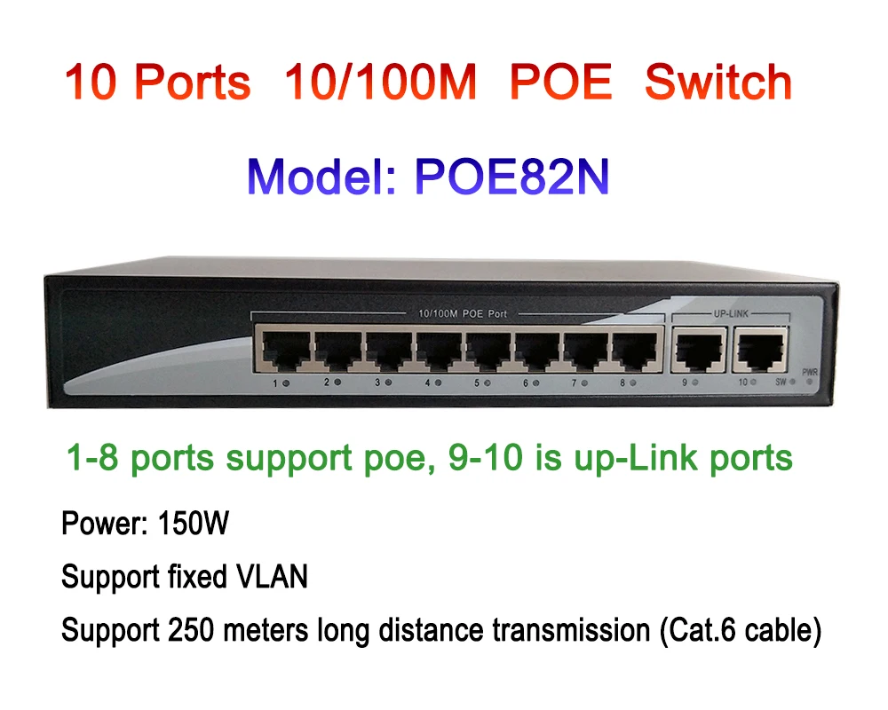 250 м 10 порты продлить коммутатор Ethernet с 8 PoE + 2 Uplink 100 Мбит/с IEEE 802.3af/at 150 Вт