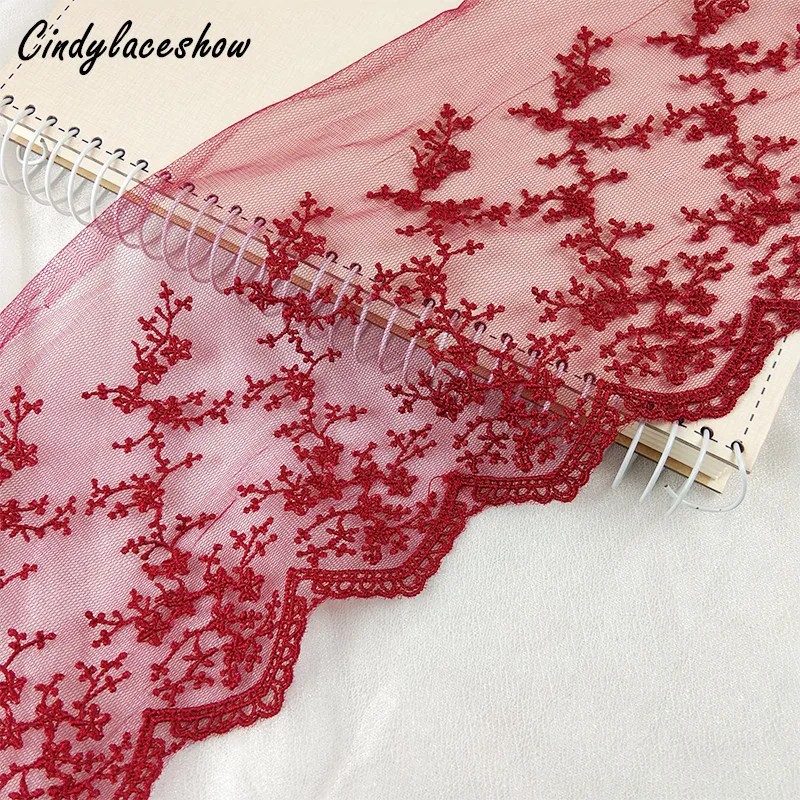 

2Yards 17cm Width Red Pink Lace Trim Embroidered Gauze Lace Trims Bridal Sewing Lace Fabric with Flowers Dress Edge Trimmings