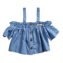1 шт. Кнопка короткий рукав хлопок синий для маленьких девочек дети повседневные джинсовые летние блузки-топы