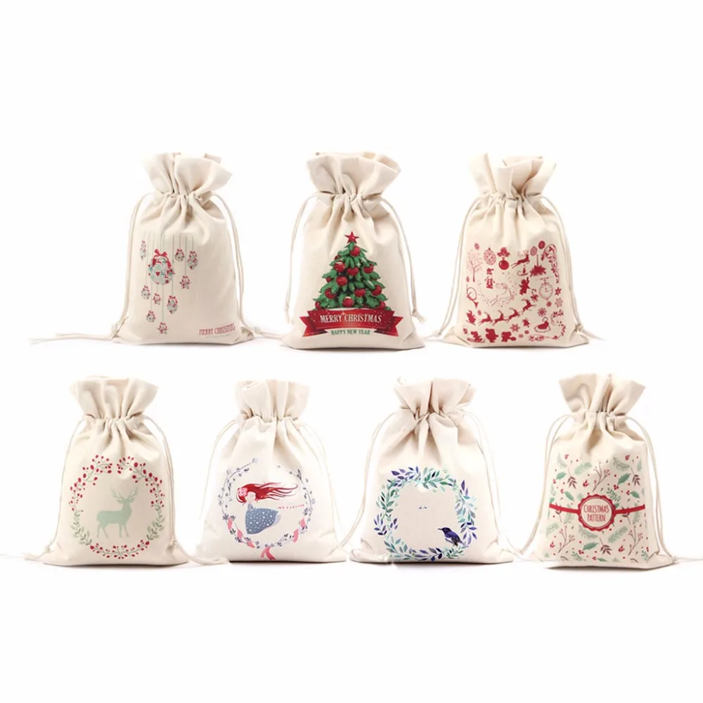 1Pc Christmas Gift Bags Canvas Santa Drawstring Sack Party Favors Gifts ...