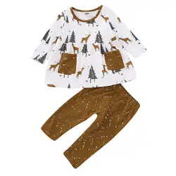 Puseky для маленьких девочек Дети малышей Лось Дерево Узор хлопковые комплекты одежды рубашка с длинными рукавами Топы с карманами 2 шт./компл