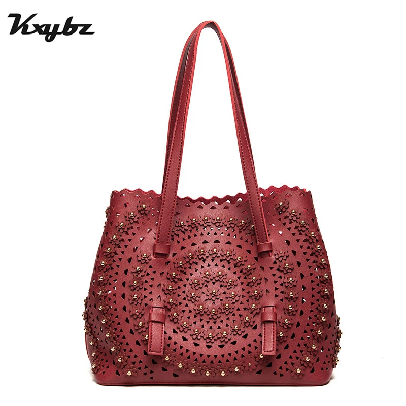 

KXYBZ Women Bag 2018 Vintage Hollow Out Women Handbag Floral Print Shoulder Bags Ladies PU Leather Tote Bag Summer New K1056