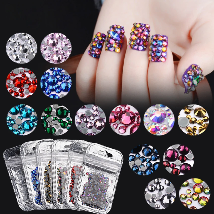 

1 Box Flat-base Rhinestones Mixed Size Pink Clear Black UV Gel Decorations Flat Bottom Manicure Jewelry