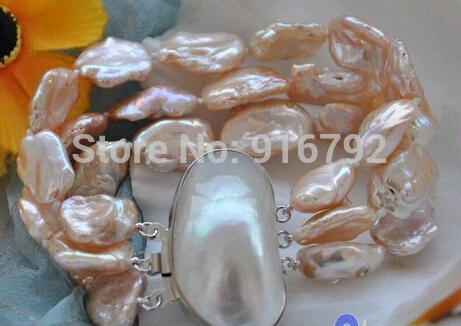 

free P&P >>>>>3row 8" pink baroque keshi reborn pearl bracelet mabe clasp