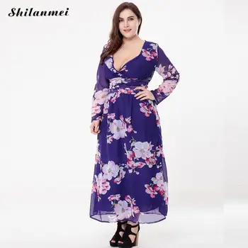 

Spring Fashion Chiffon Maxi Blue Dresses Women Long Sleeve Loose V Neck Floral Printed Casual See Through Dress Plus Size 6XL