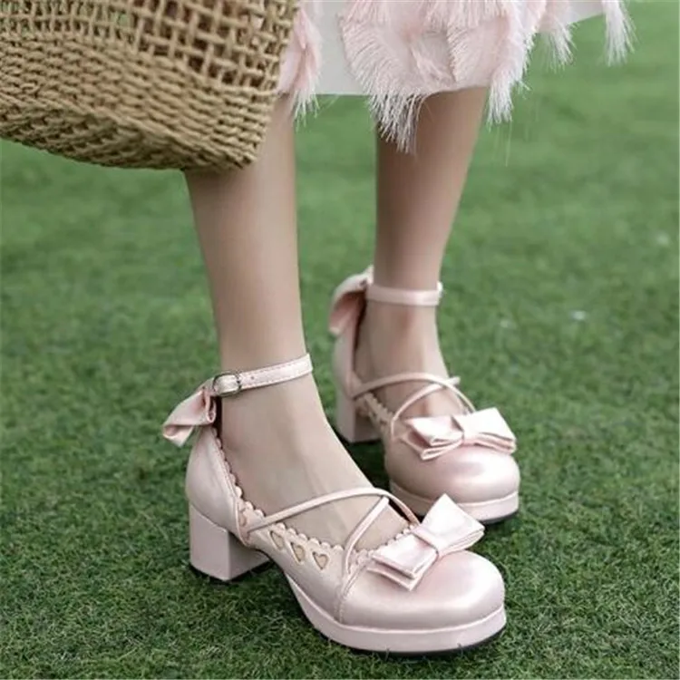 

PXELENA Lolita Mary Janes Shoes Women Bowknot Cross Tied Cosplay Sweeet Heart Princess Wedding Party Dance Shoes Med Heel Pumps