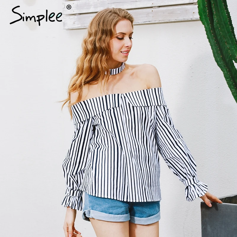 

Simplee Off shoulder top striped shirt with choker Long sleeve blouse shirt women tops 2017 summer chemise femme casual blusas