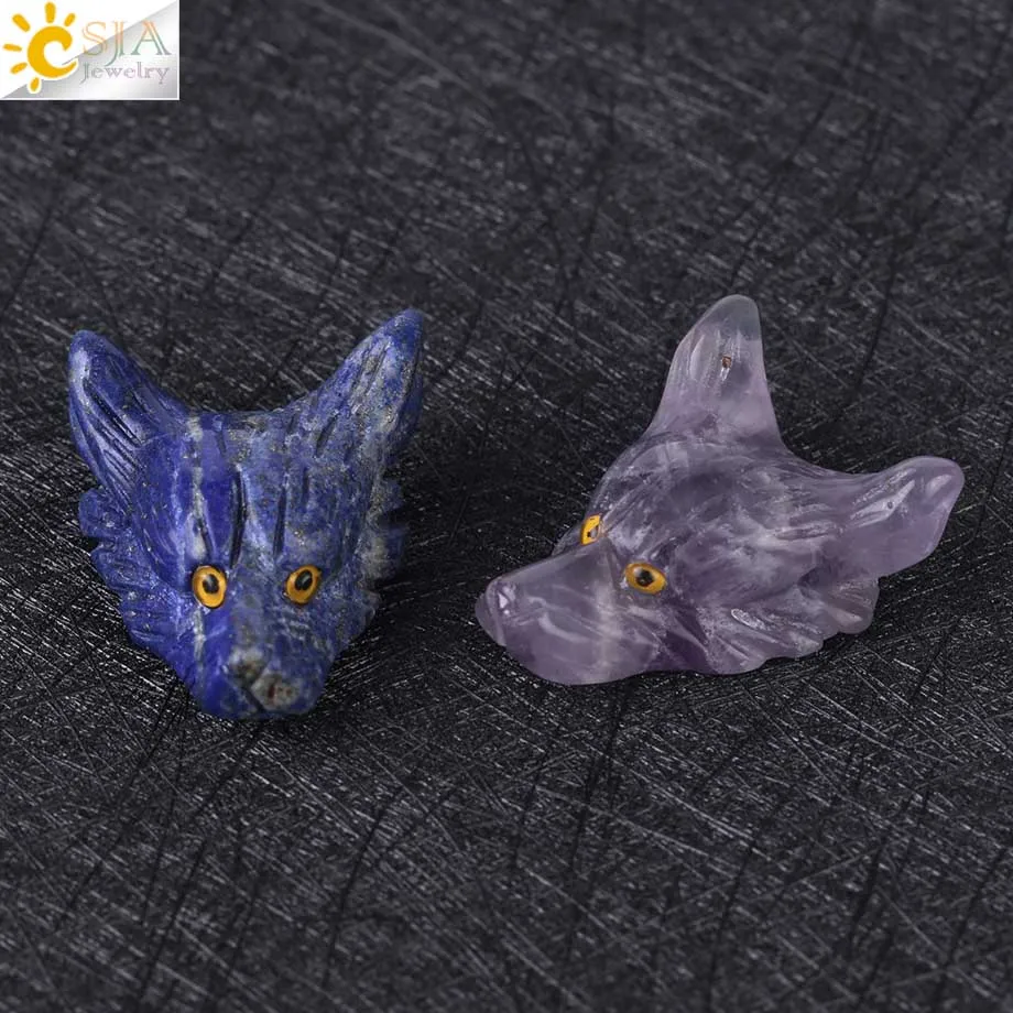 

CSJA Natural Gem Stone Hand Carved Wolf Head Animal Mens Pendants Chakra Tiger Eye Amethystine Lapis Lazuli Healing Crystal F419