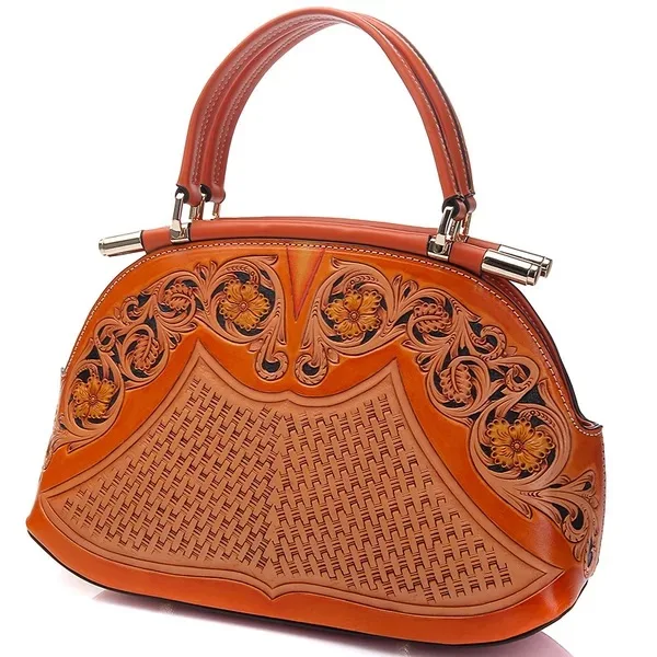 

100% Handmade Leather Carved Vintage Designer Ladies Top Handle Bag Genuine Leather Women's Engraved Shell Bag Female Handbag