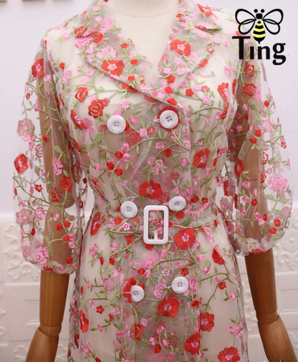 Tingfly Роскошное дизайнерское подиумное стильное Сетчатое платье с цветочной вышивкой элегантное платье-Тренч с отложным воротником и двойной грудью