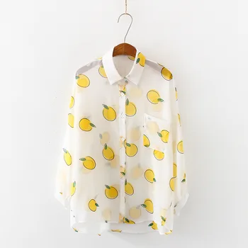 

2019 New Women Fasihon Long Sleeve Sweet Lemon Printed Loose Cotton Blouses Shirts Summer Casual Office Shirt Tops Blusas