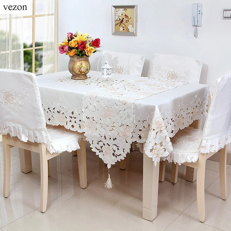 

vezon Hot Sale Elegant Satin Floral Embroidery Tablecloths Europe Solid Color Embroidered Table Linen Cloth Cover Towel Overlays