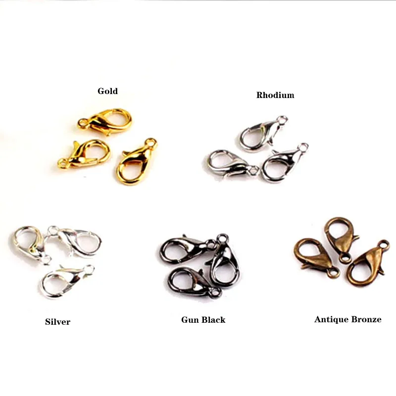 

100pcs/lot Jewelry Findings Alloy antique bronze/gold/Rhodium lobster clasp Hooks for necklace&bracelet chain 10 12 14 16 18mm