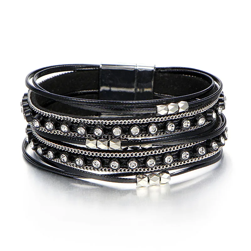 Multi Layer Black Leather Bangle Bracelet Braided Rope Beads Rhinestone