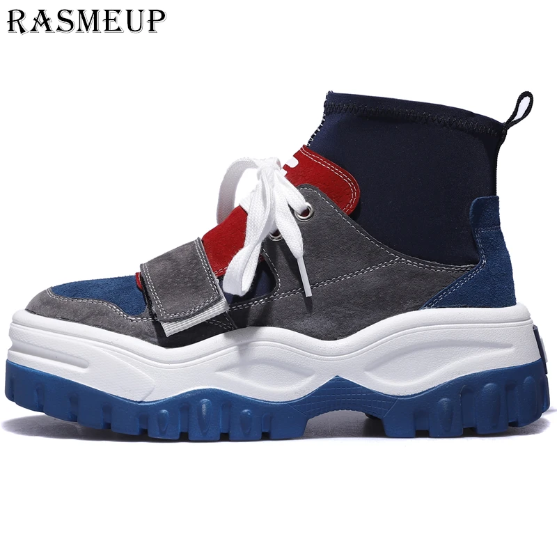 

RASMEUP Leather Elastic Fabric Women's Chunky Sneakers Spring Fashion Women Platform Sneaker Comfortable Woman Casual Dad Shoes