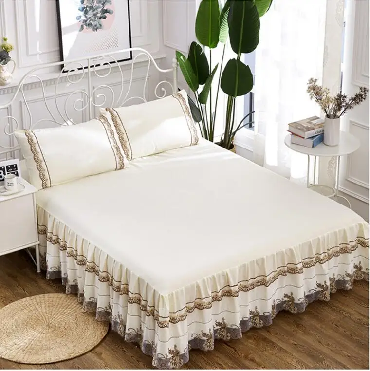 

Solid Color Lace Bed Skirt Pink Princess Bedding Bed sheet 1/3pcs Wedding Bedspread bed cover Pillowcases 150x200/180x200 cm