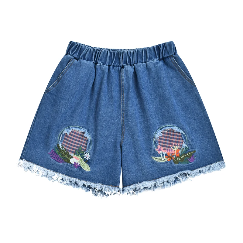 

Casual Loose Women Summer Jeans Shorts Flower Embroidery Plaid Splicing Patch Ripped Students Girl's Denim Shorts Preppy Style