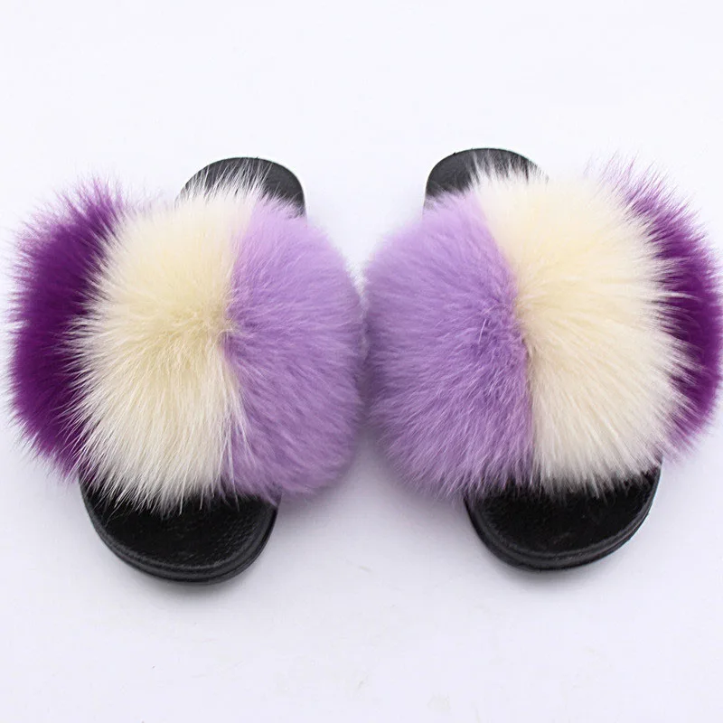 Fox Fur Slippers New Fur Women&#39;s True Fox Slippers Flat Color Fleece Fur Slippers Women&#39;s ...