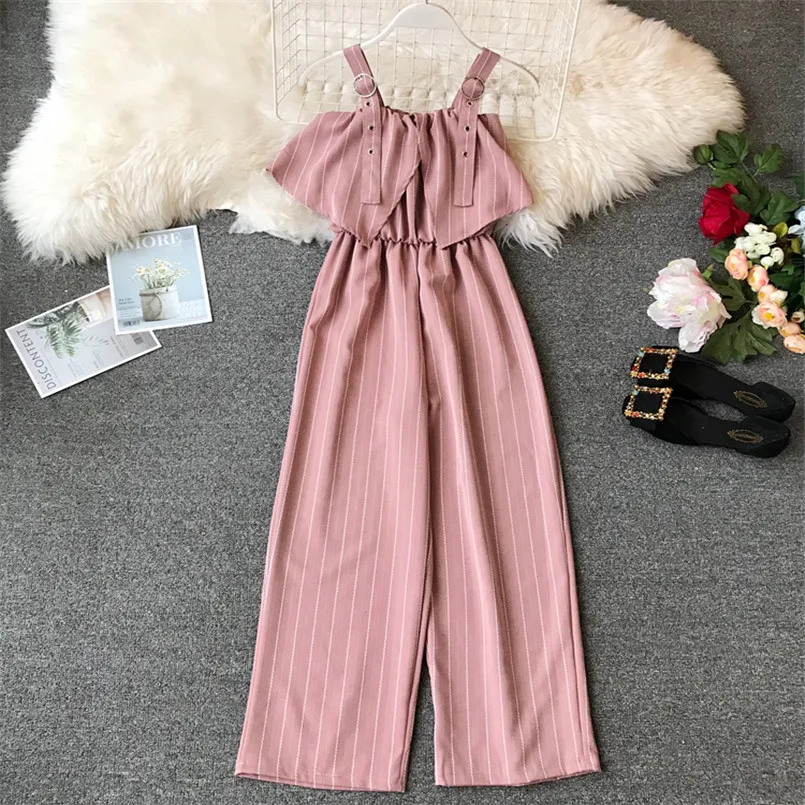 Boho Ruffles Off Shoulder Spaghetti Strap Striped Print Jumpsuit Casual Sexy Women Summer Full Length Overalls Long Beach Romper