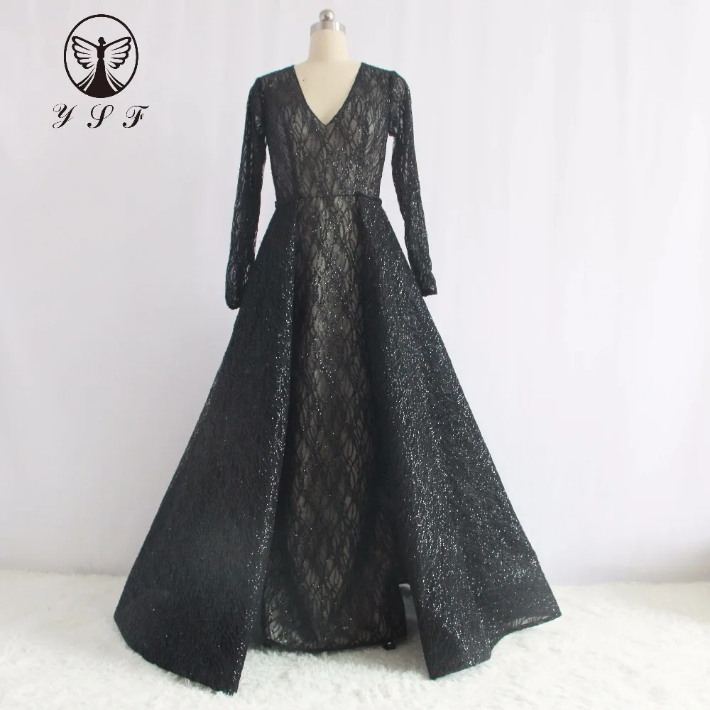 

Sexy Black Vestidoes De Fiesta Plunging V Neck Long Sleeve Bling Bling Lace Straight Evening Dresses with Overskirt 2017