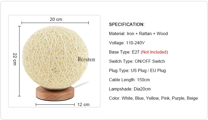 Horsten Wooden Table Lamp 20cm Multiple Colors Linen Woven Ball Lampshade Bedroom Bedside Lamp Wooden Desk Light  (13)