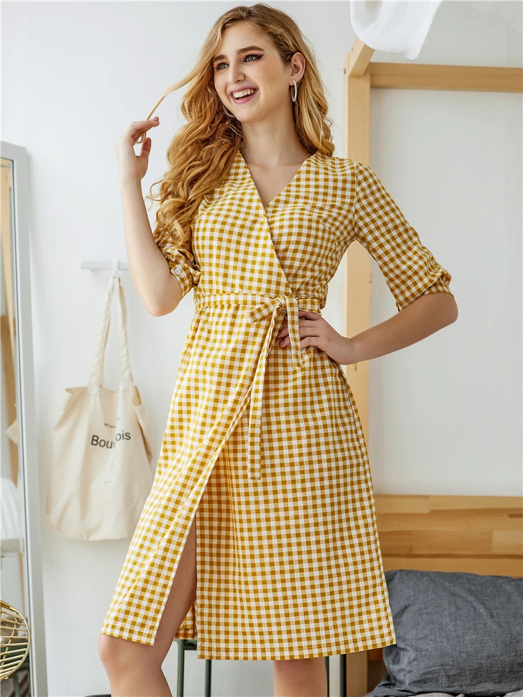 Colorfaith New Women Dresses Spring Summer V-Neck Plaid Dresses Asymmetric Linen Casual Ladies Patchwork Lace Up Bow DR122