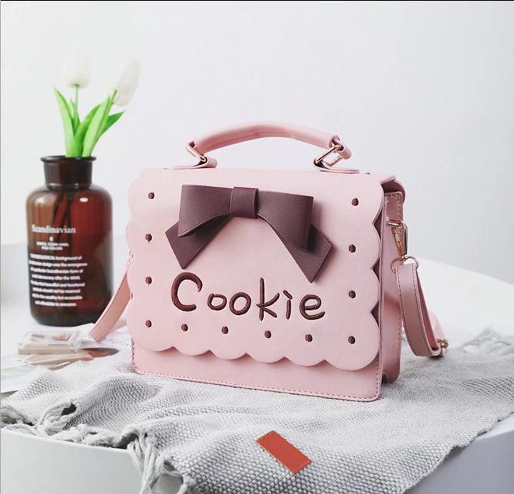 Kawaii Girl Cookie Priting Brown Flap Messenger Bag Bow Lolita Style Pink Handbag Joker Leisure Sweet Scrub PU Shoulder Bag06