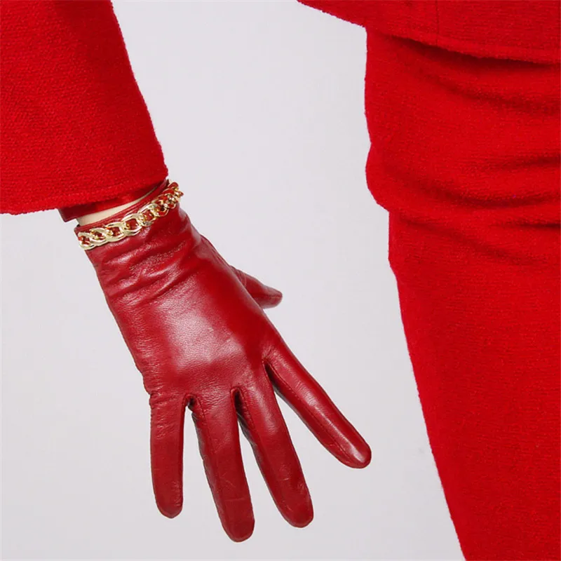 NEW 2019 Pure Sheepskin Gloves China Red Gold Color Chain Thin Velvet Lined Keep Warm Woman's Genuine Leather Gloves TB93-2