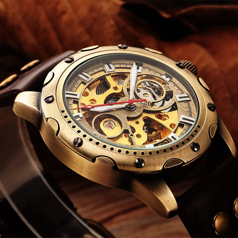 

SHENHUA Retro Automatic Mechanical Watches Men Brand Luxury Leather Skeleton self wind Men WristWatch Gift relogio masculino