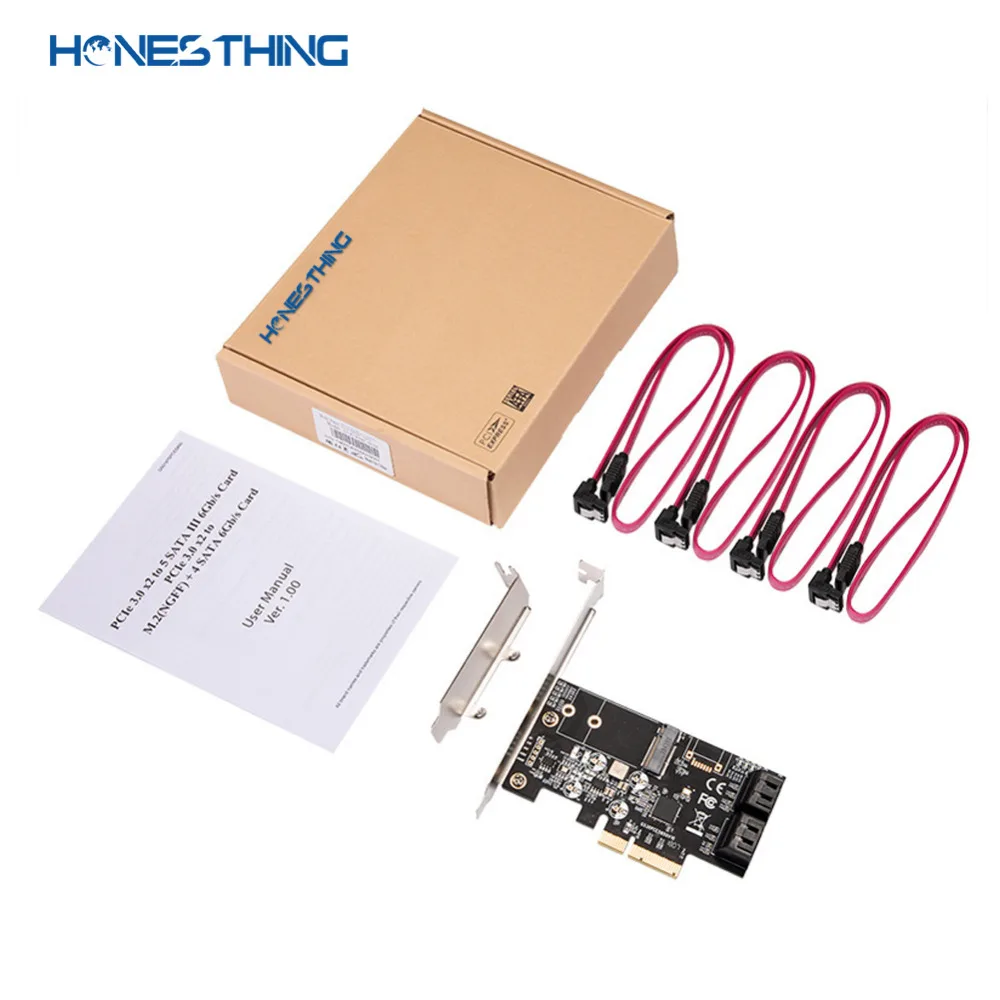 HonesThing PCIe 3.0 x2 to M.2(NGFF) B Key + 4 SATAIII 6Gs Internal Ports Expansion Controller Card Support 2230,2242 NGFF SSD 5