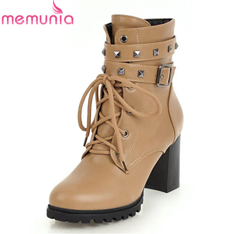 

MEMUNIA 2020 new arrive ankle boots women lace up +zipper high heels boots round toe pu autumn winter boots office ladies shoes