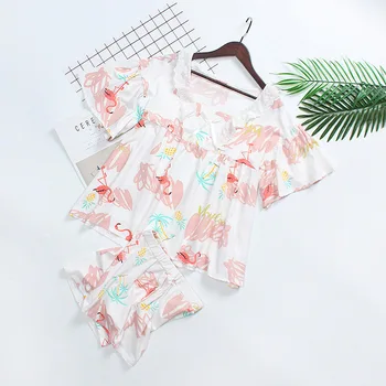 

Flamingo Loose Lace Pyjamas Women Sleepwear Cotton Short-sleeved Pajamas Summer Sleepwear V-Neck Shorts Pijama Home 2-piece Set