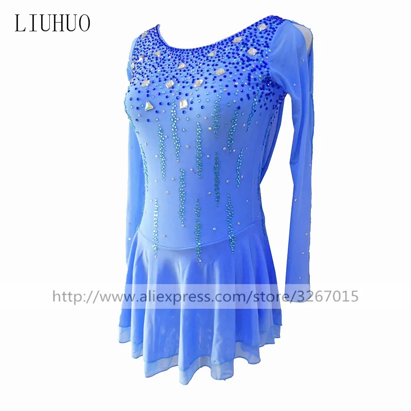 Figure Skating Dress Women's Girls' Ice Skating Dress Sky Blue Round neck long sleeve Exquisite diamonds High-grade elastic mesh Figure Skating Dress Women's Girls' Ice Skating Dress Sky Blue Round neck long sleeve Exquisite diamonds High-grade elastic mesh