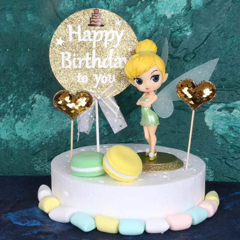 

Cake Topper Gold Happy Birthday Flags Glitter Heart Princess miss belle figure For Birthday Party Cake Baking Supplies