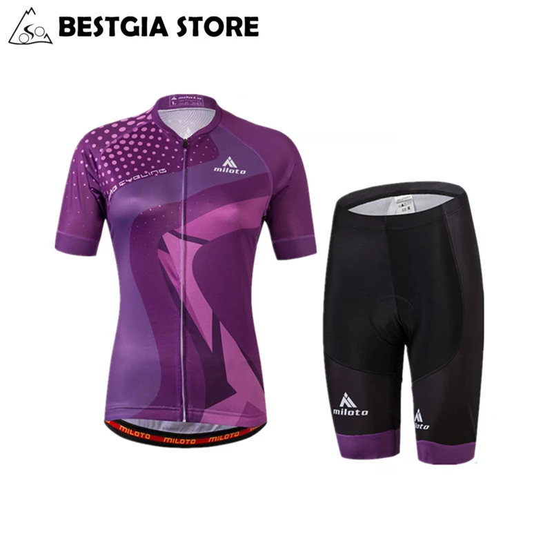 جديد تصميم الدراجات مجموعات ملابس رياضية نسائية MTB الدراجة الملابس الأرجواني الصيف دراجة جيرسي قصيرة الأكمام مع مريلة السراويل تنفس