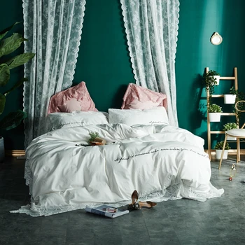 

100%cotton white pink bedding sets big Lace luxury duvet cover bedsheet fitted sheet set 4pcs queen king size parure de lit
