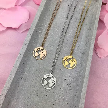 

Mavis Hare Travel the World Necklace 20mm World Map Pendant Stainless Steel Necklace for Drop shipping as Women Gift Coffee