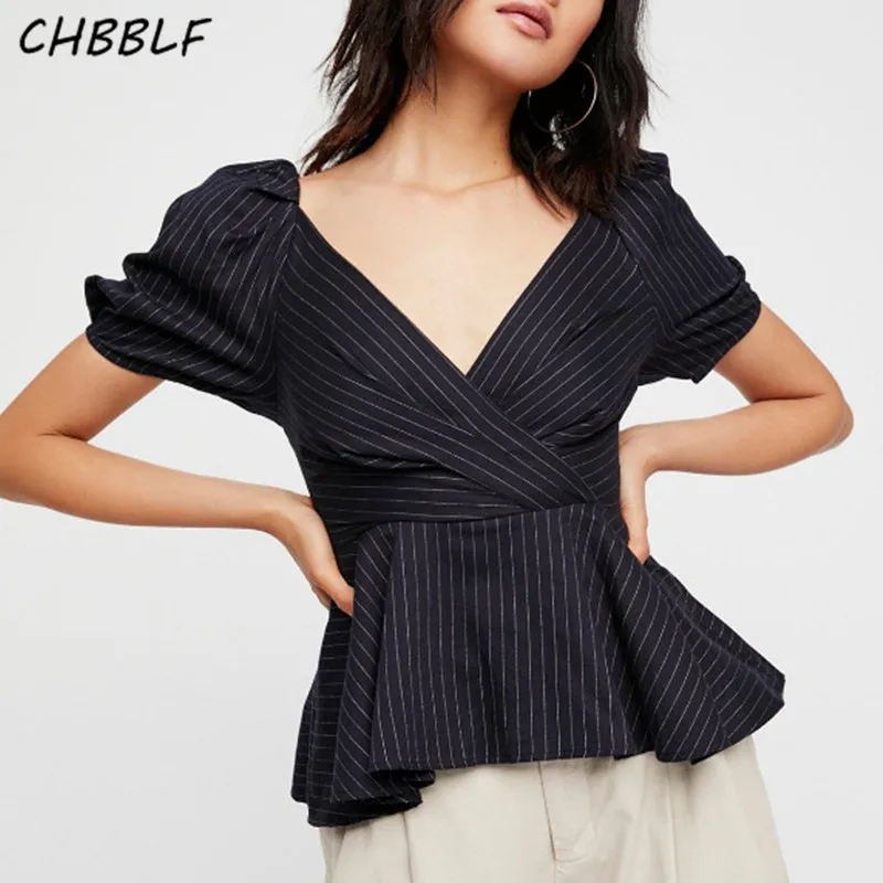 women sweet tops striped blouse puff sleeve V neck casual